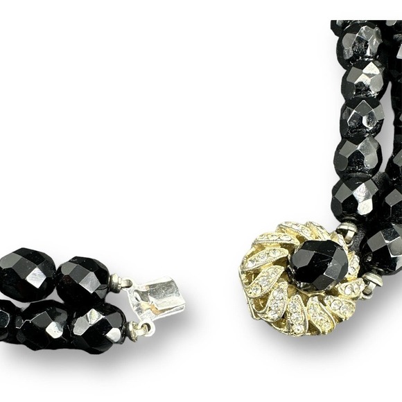 VTG Black Faceted Glass Layered Necklace Round Open Box Clasp Rhinestones - Picture 7 of 9